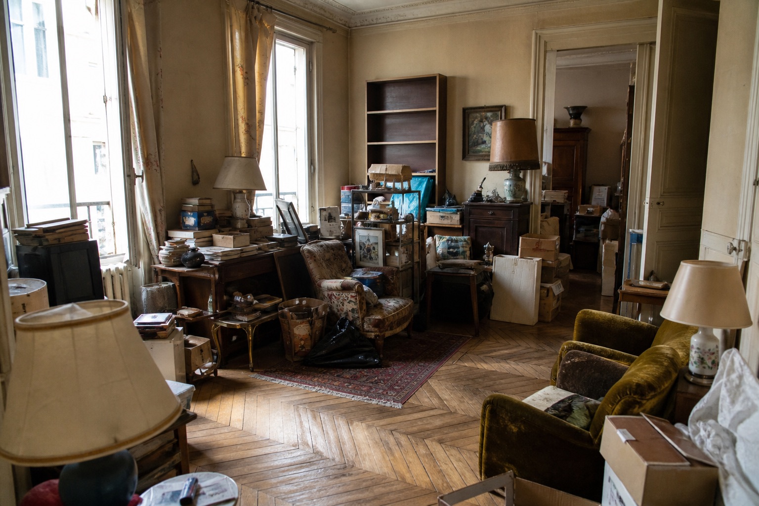 Salon encombré d’un appartement à débarrasser