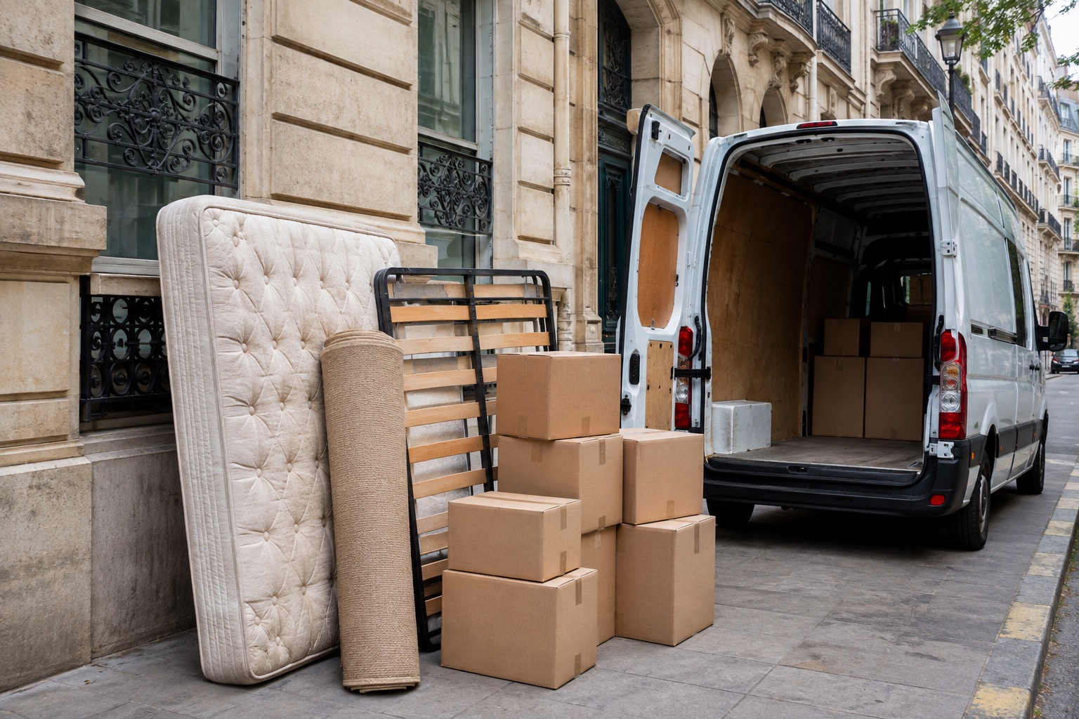 Matelas et cartons devant un camion de débarras